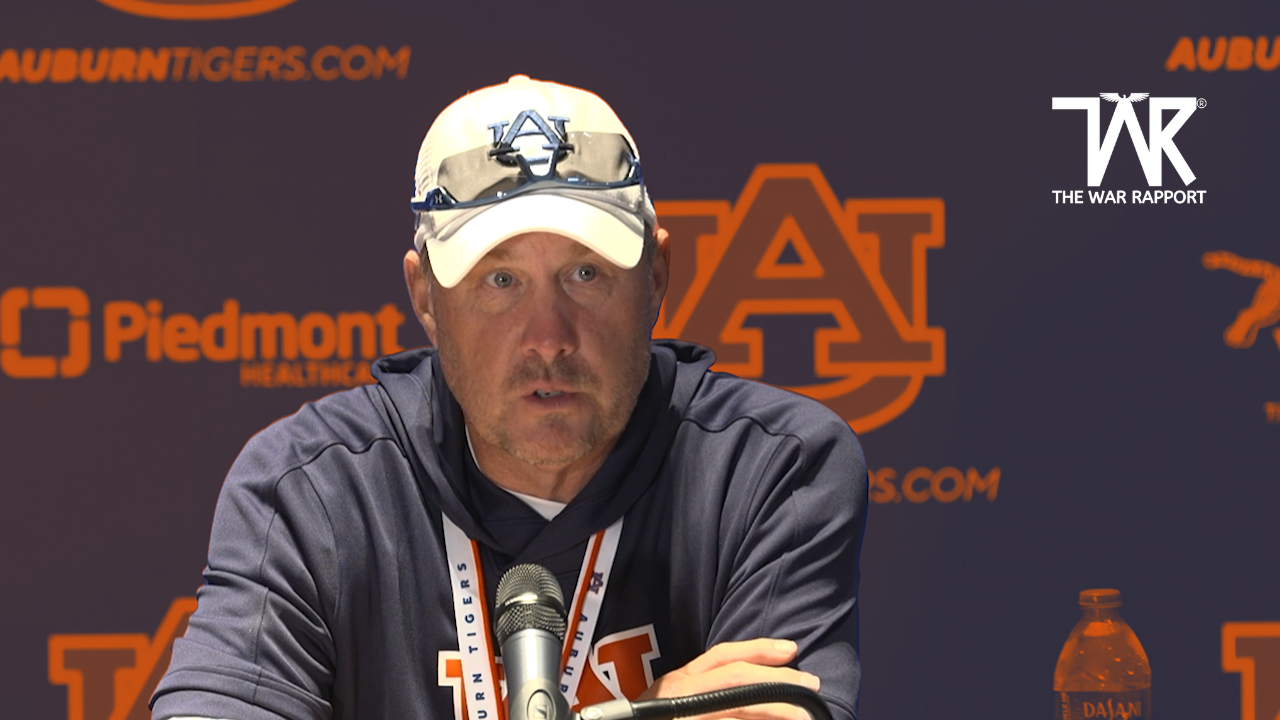 Coach Hugh Freeze addresses the media after the first spring practice.